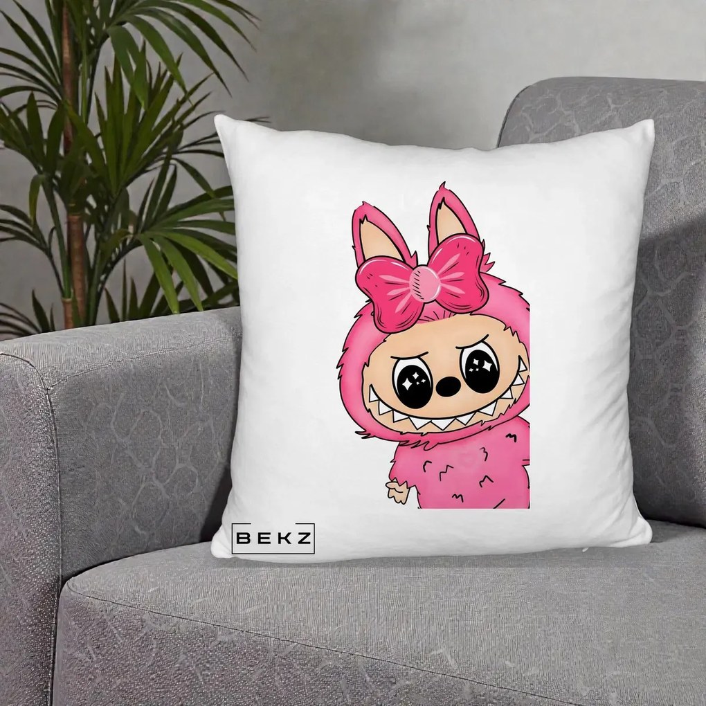 Perna Personalizata Labubu Roz cu Funda, 40x40 cm, Alb Pufos, Husa Detasabila, Perna Inclusa, BEKZ®