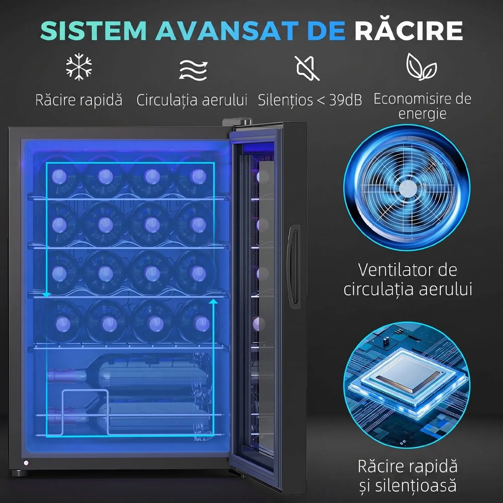 HOMCOM Frigider pentru Vinuri de 20 Sticle cu Temperatură Unică 5-18°C, Geam Anti-UV și Rafturi Reglabile, 43x45x64 cm, Negru | Aosom Romania
