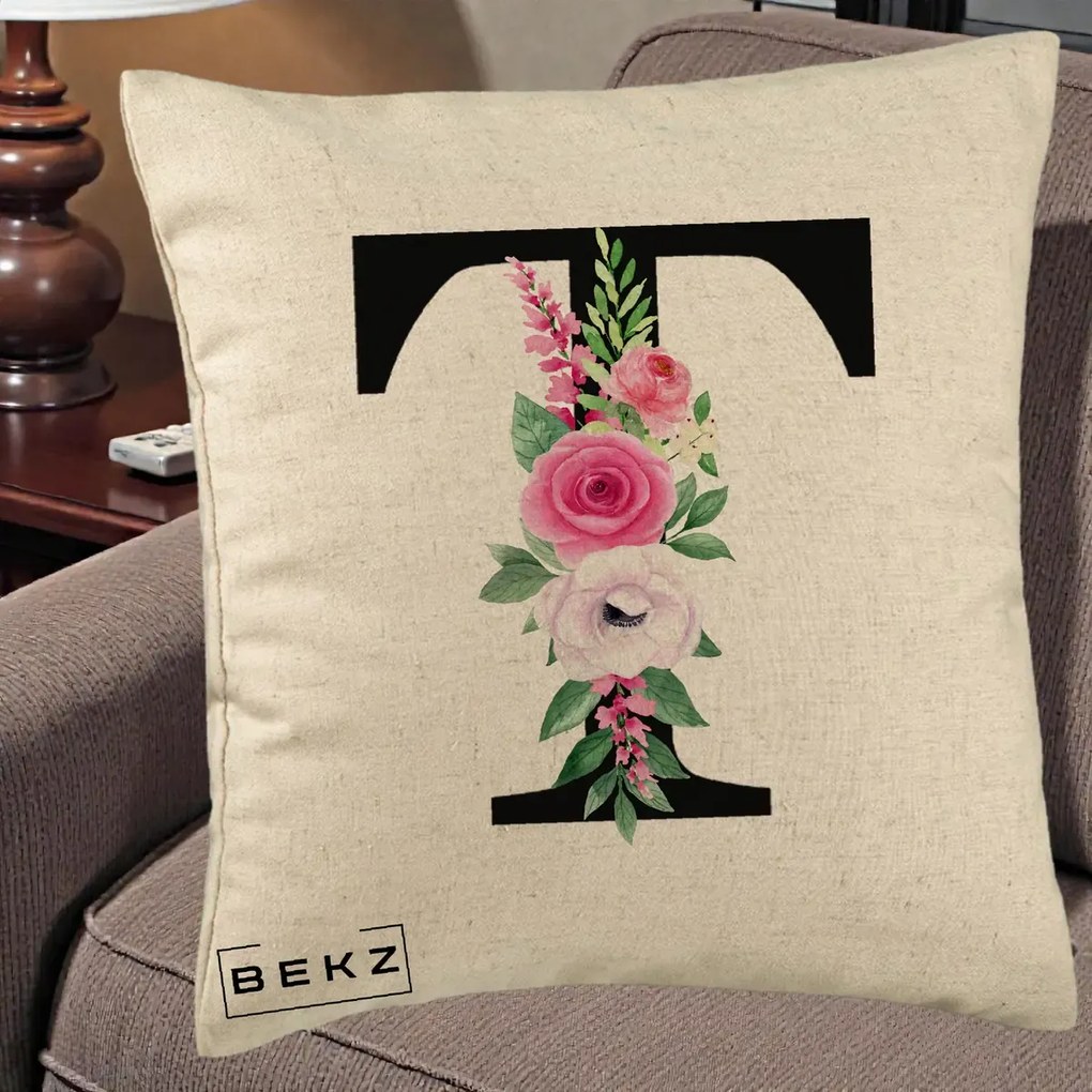 Cadou Personalizat - Perna Personalizata Monograma Florala Litera T, 40x40 cm, Bej, Husa Detasabila, Perna Inclusa, BEKZ®