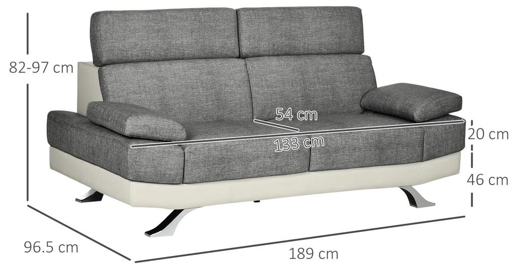 HOMCOM Canapea din piele artificiala cu 2 locuri cu tetiera reglabila pe 5 niveluri, canapea moderna pentru salon si sufragerie, 189x96,5x84cm, gri