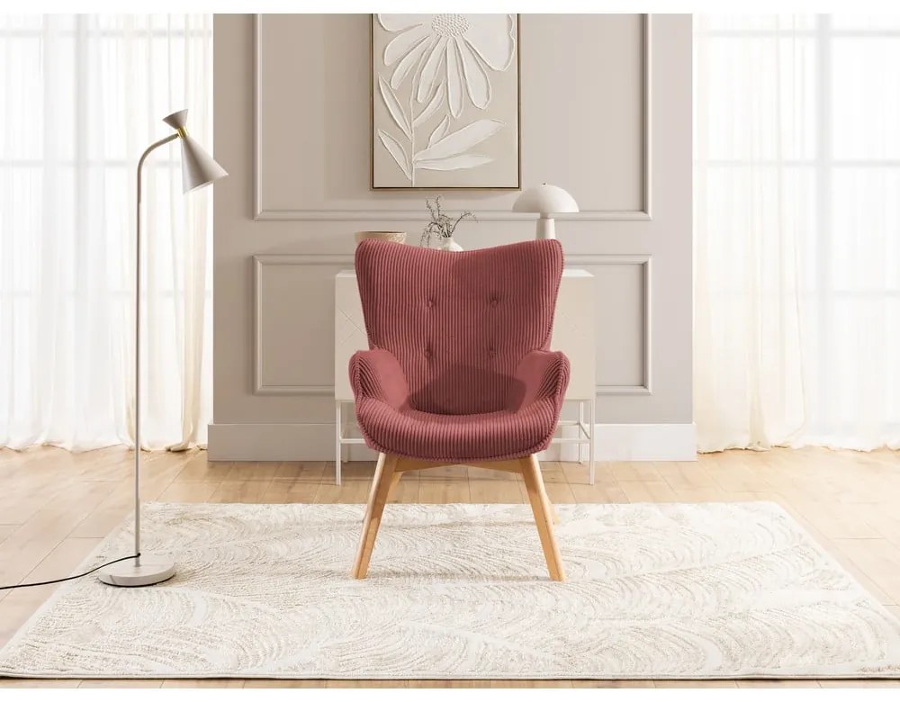 Fotoliu cu taburet roșu cu tapițerie din catifea reiată Niko – Ropez