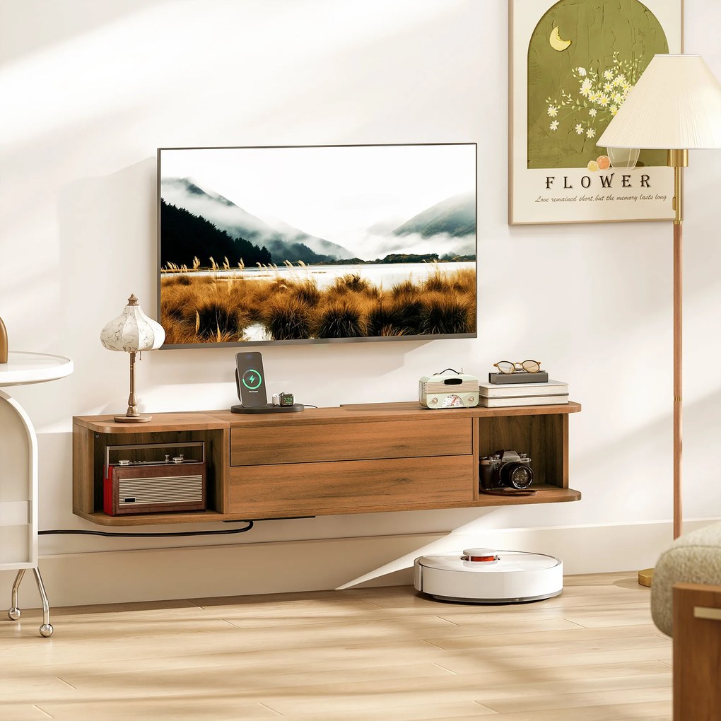 HOMCOM Suport TV suspendat până la 50" cu prize de curent, USB și tip C, sertar și rafturi, 120x24x22.4 cm, Nuc | Aosom Romania