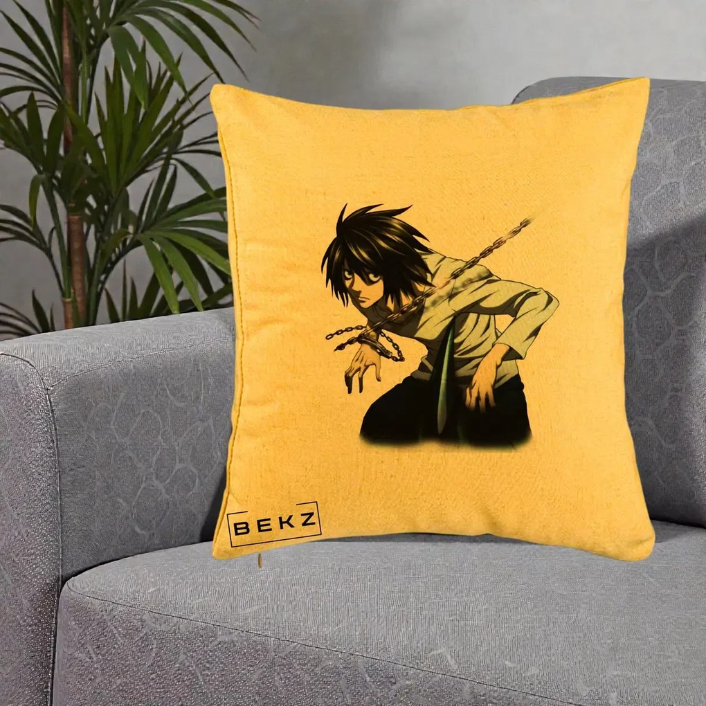 Perna Personalizata Death Note L Lawliet Lanturi, 40x40 cm, Galben, Husa Detasabila, Perna Inclusa, BEKZ®
