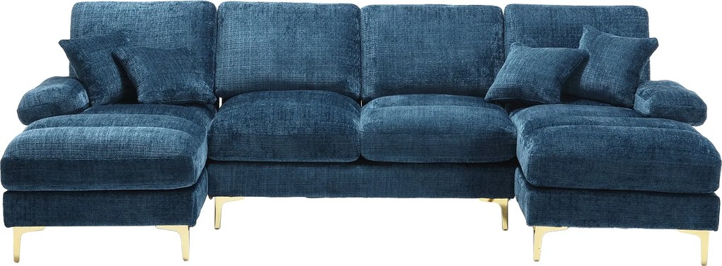 Canapea modulară mare, modernă, în formă de U, din chenille, cu dublu șezlong rabatabil, Albastru