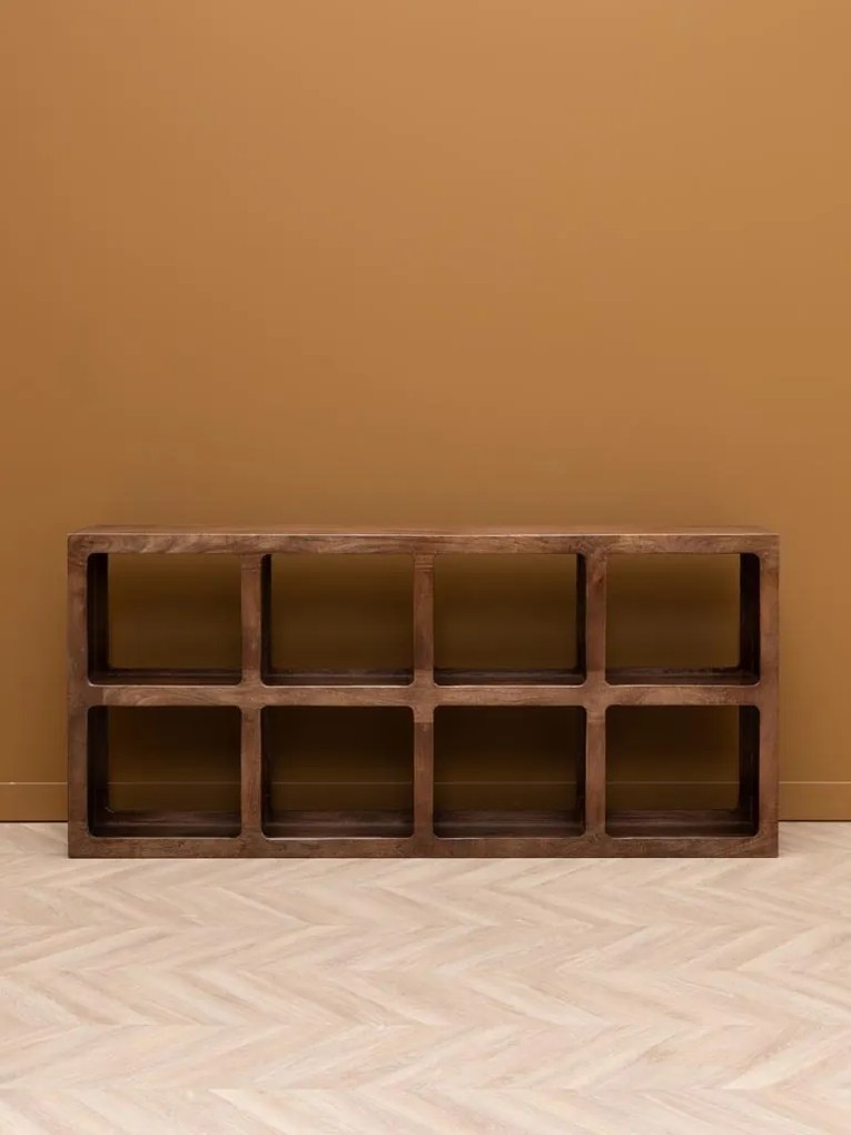 Etajeră din lemn de mango, cu 8 rafturi, maro antichizat, finisaj vintage, 82.5×32×181 cm, „Cubia"
