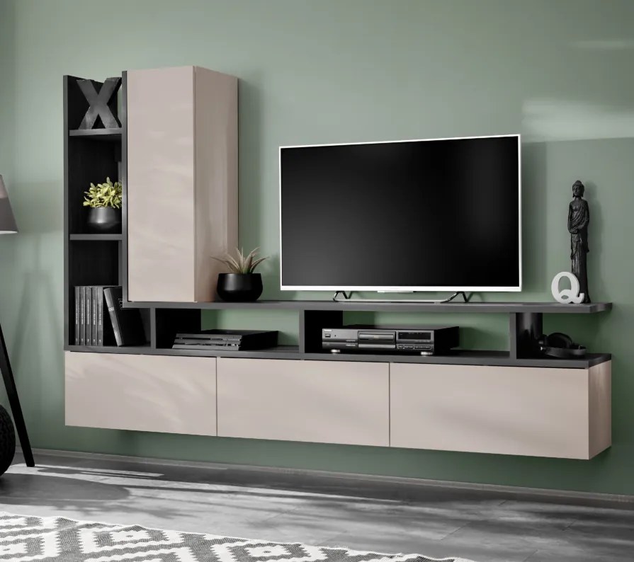 Mobila Living modern, casmir bej inchis stejar grafit, 210 cm lungime x35 cm adancime, suspendata- prindere perete, usi deschidere prin apasare-push