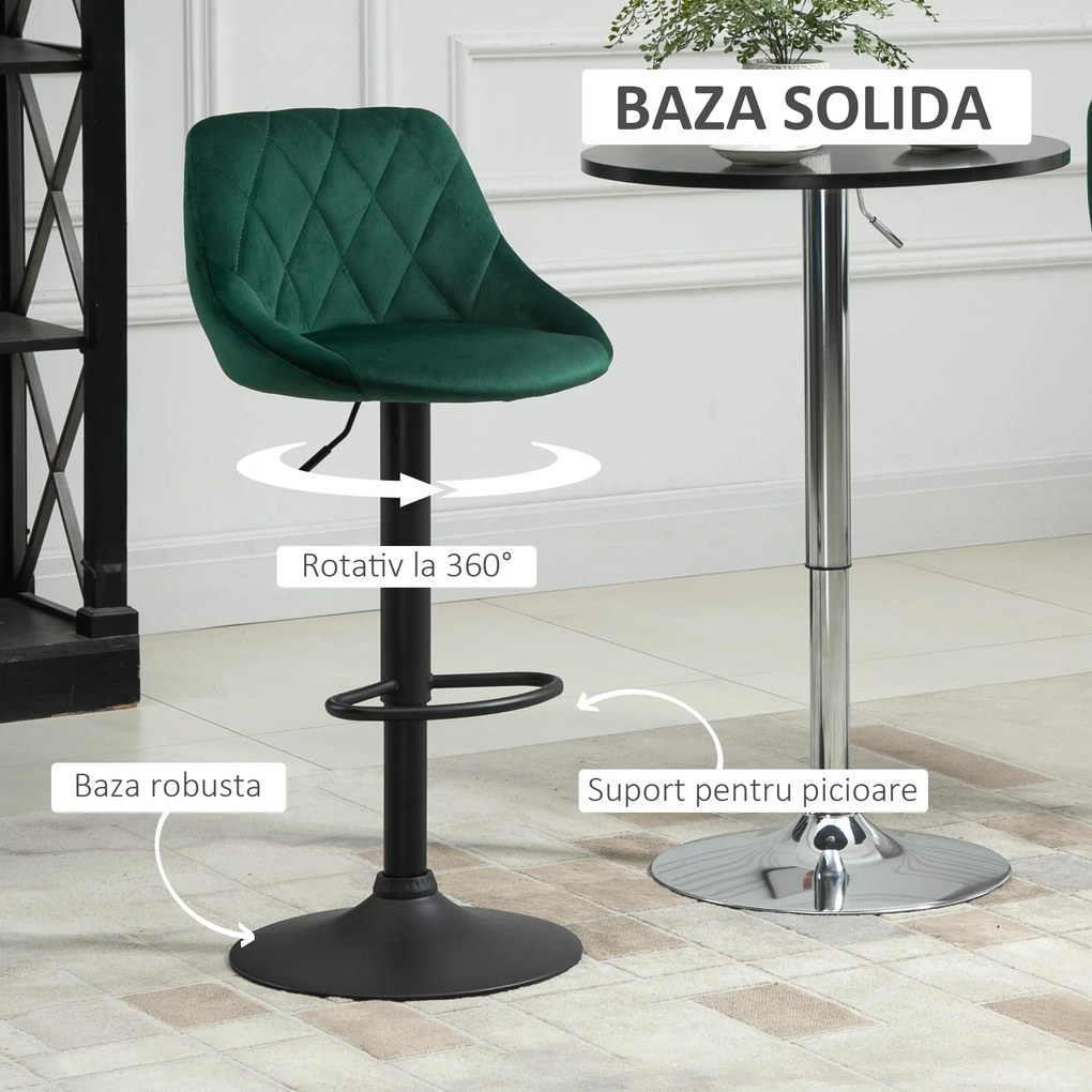 Set 2 Scaune de Bar Pivotante HOMCOM, Efect Catifelat, 51,5x48x83-104cm, Verde | Aosom Romania