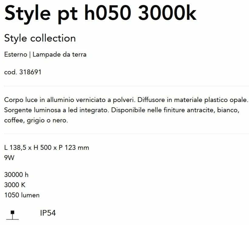 Stalp LED iluminat exterior Style pt h050 3000k alb