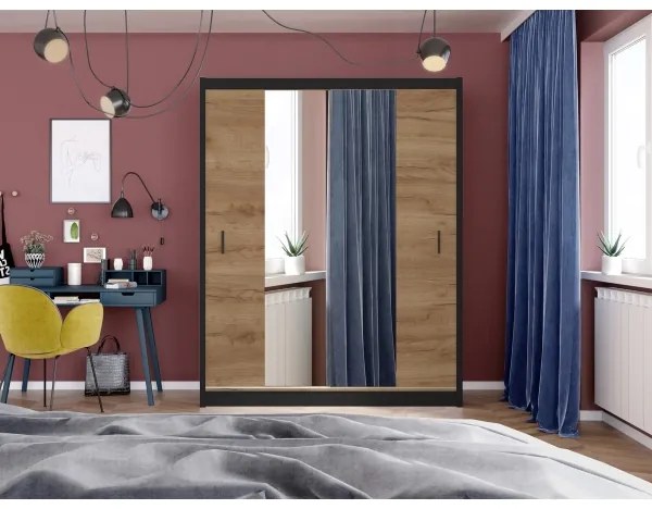 Dulap MIRO 203x215 cm cu oglindă, stejar craft/negru