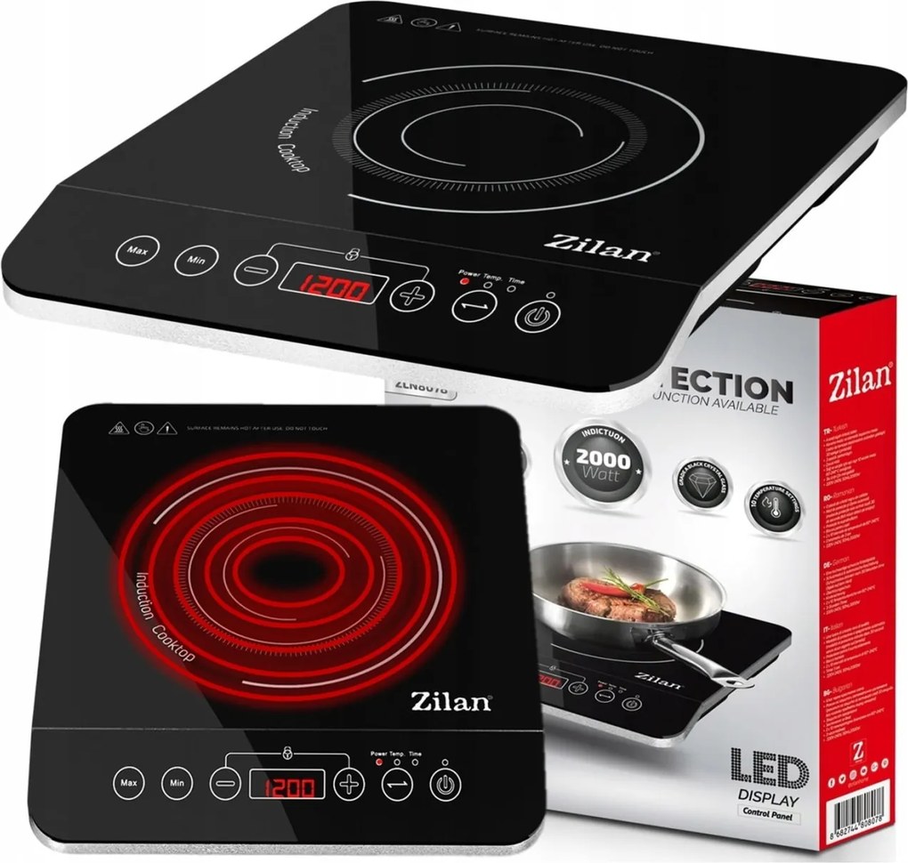 Plita cu inductie Zilan ZLN8078 Neagra, putere 2000W, geam din cristal negru