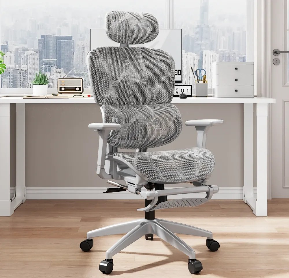 Scaun ergonomic, functie translatie sezut, cotiere reglabile 3D, tetiera 6D, suport lombar reglabil, spătar reglabil inaltime, pivotant, suport picioare, Gri