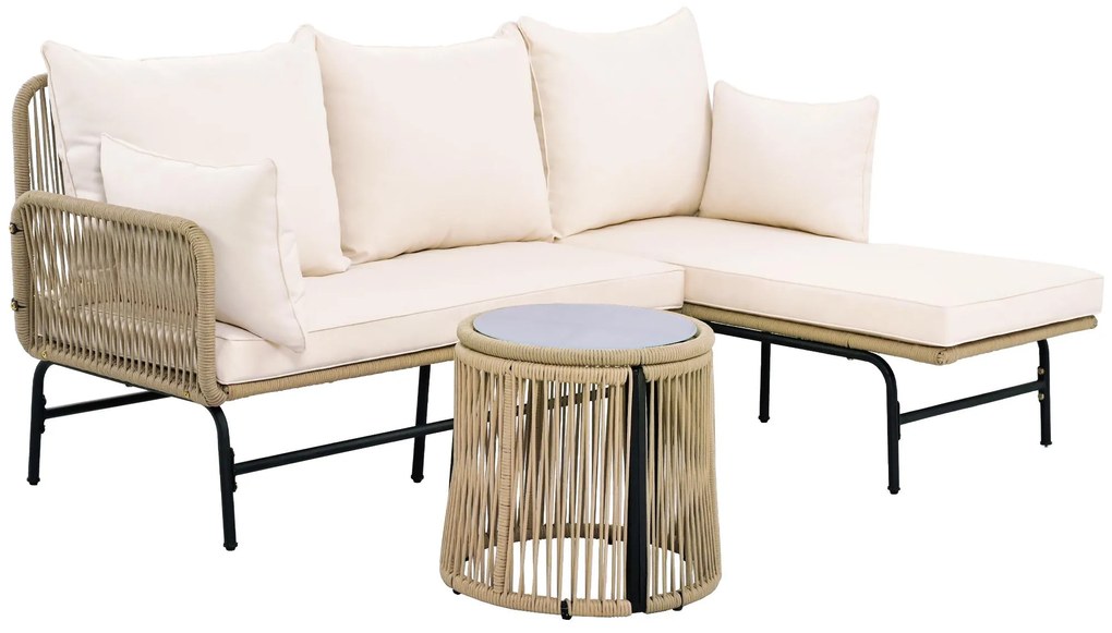 Set de mobilier de grădină cu cadru din fier, acoperit cu frânghie împletită manual și design în formă de L, Bej