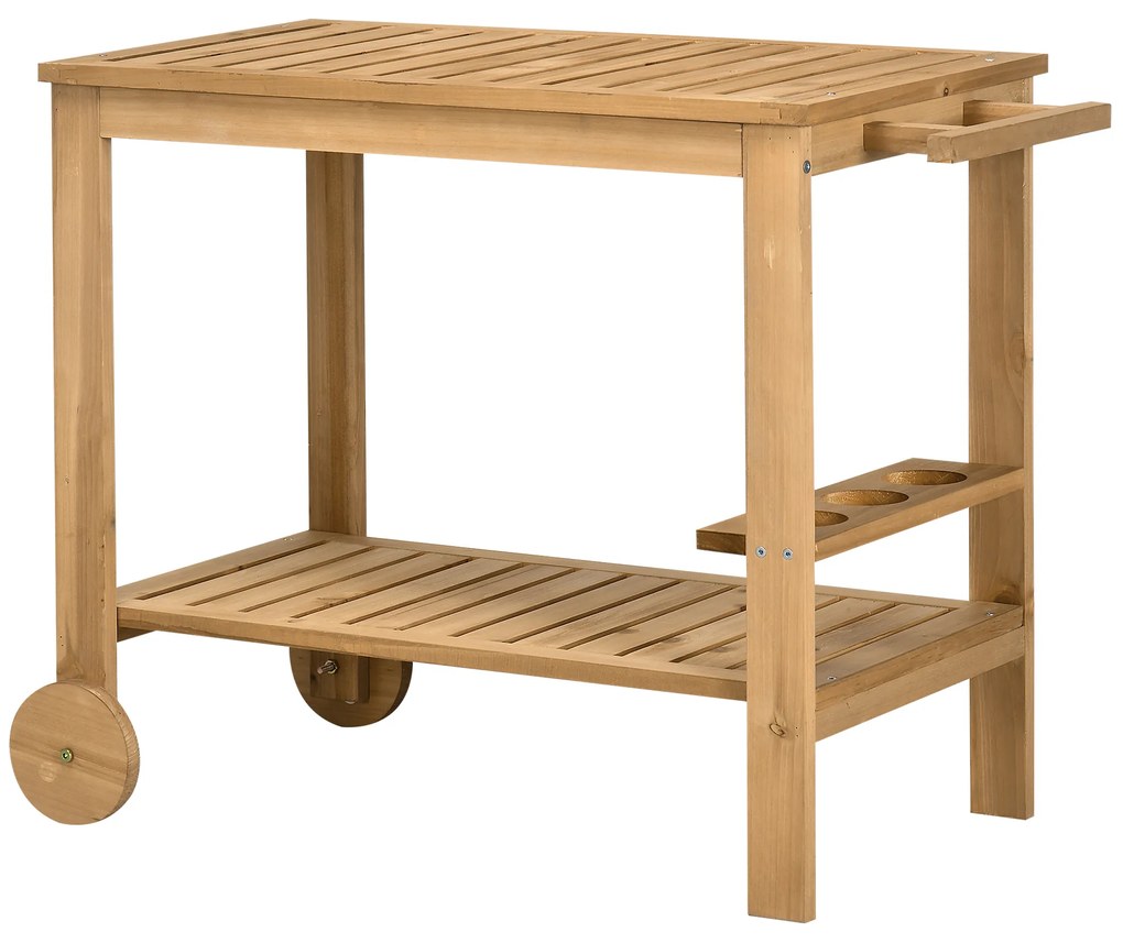 Outsunny Carucior de gradina pentru plancha gratar din lemn cu maner 2 tavi si suport pentru sticle 95 x 47 x 74 cm | Aosom Romania