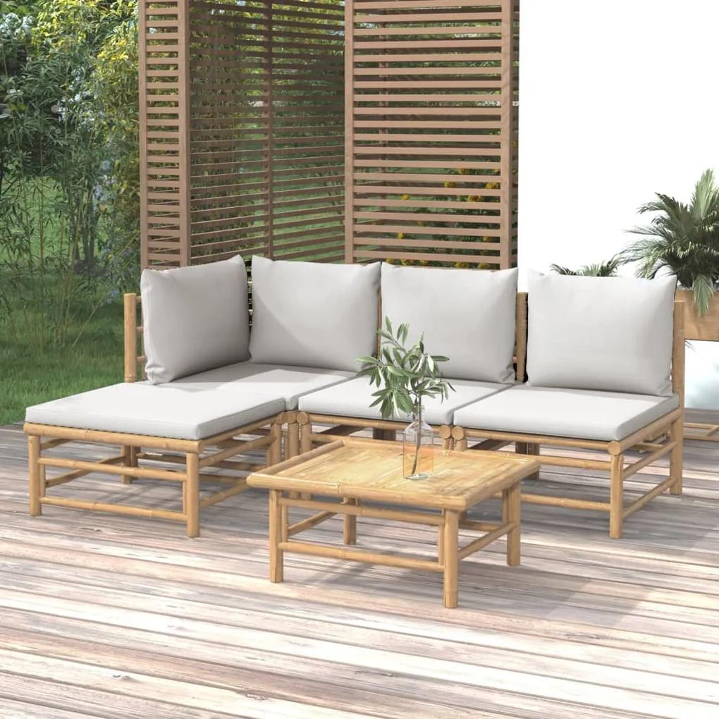 Set mobilier de gradina cu perne gri deschis, 5 piese, bambus