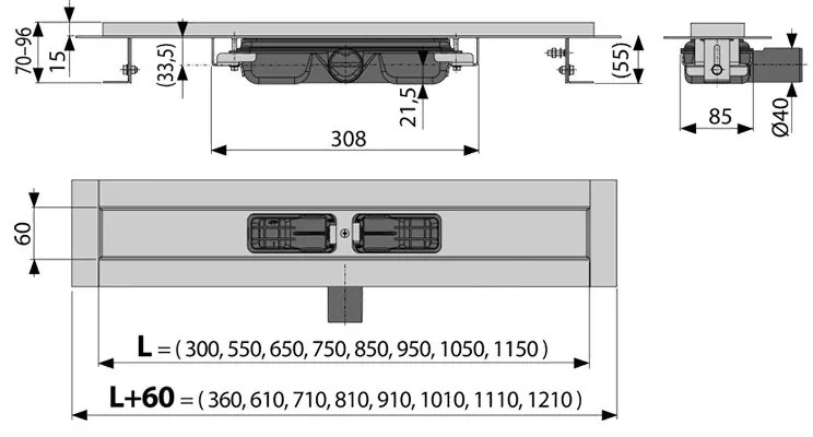 Rigolă de duș, Alcadrain, Low, pentru grătar perforat, 55 cm