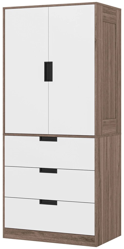 HOMCOM Dulap 2 uși, dulap modern cu 3 sertare și bară pentru suspendare pentru dormitor, maro | Aosom Romania