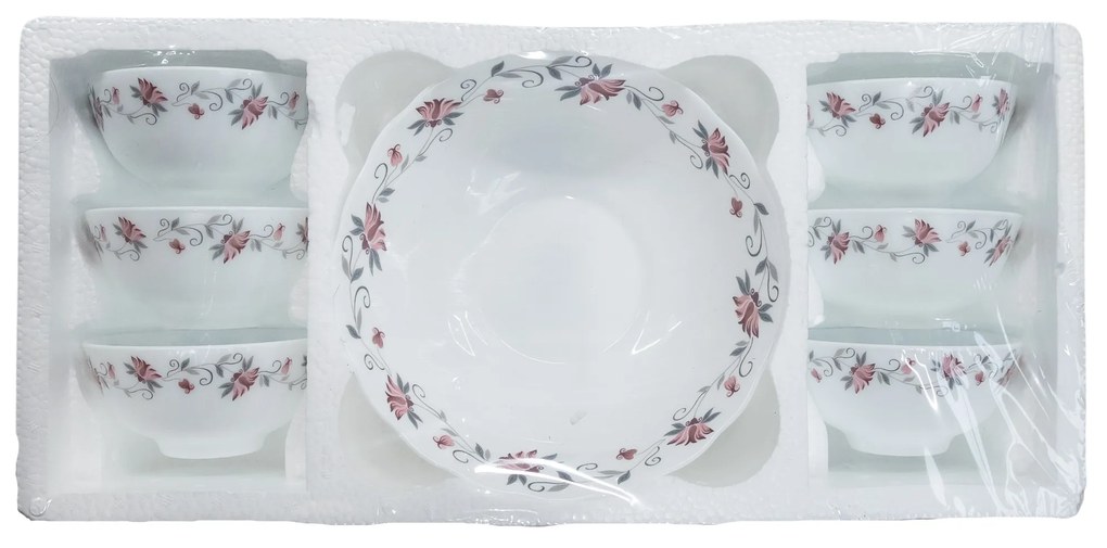 Set 6 boluri si castron din porțelan decorat cu bandă de flori roz