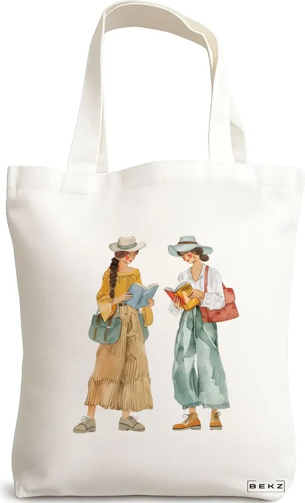 Sacosa de Panza pentru Cumparaturi, Geanta Tote, model The bookie girl 21 38 x 34.5 cm, Alba, BEKZ®