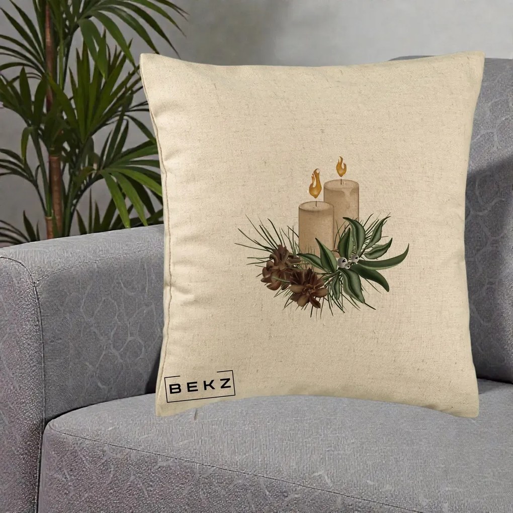 Perna Decorativa Lumanari cu Ilex si Conuri Ilustratie, 40x40 cm, Bej, Husa Detasabila, Perna Inclusa, BEKZ®