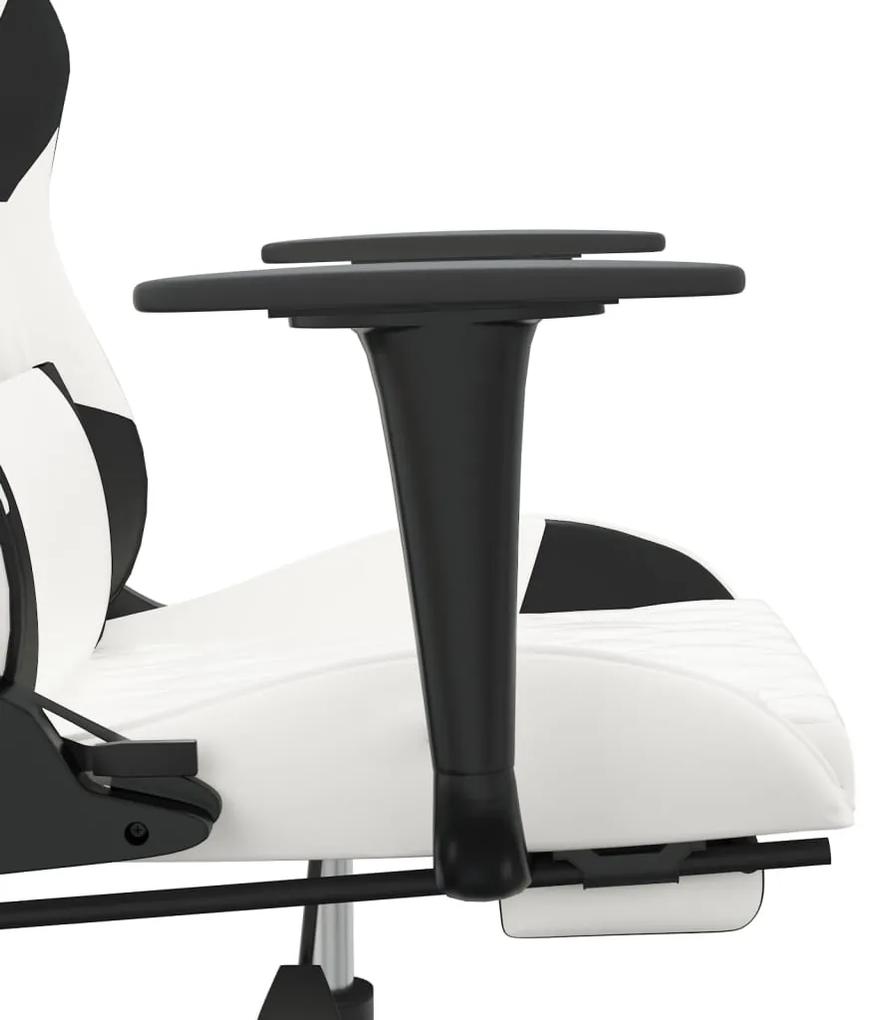 Scaun de gaming masaj suport picioare alb negru piele eco