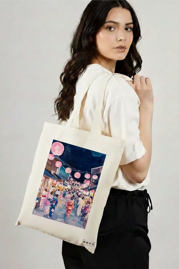 Sacosa de Panza pentru Cumparaturi, Geanta Tote, model Japan Colors 38 x 34.5 cm, Alba, BEKZ®