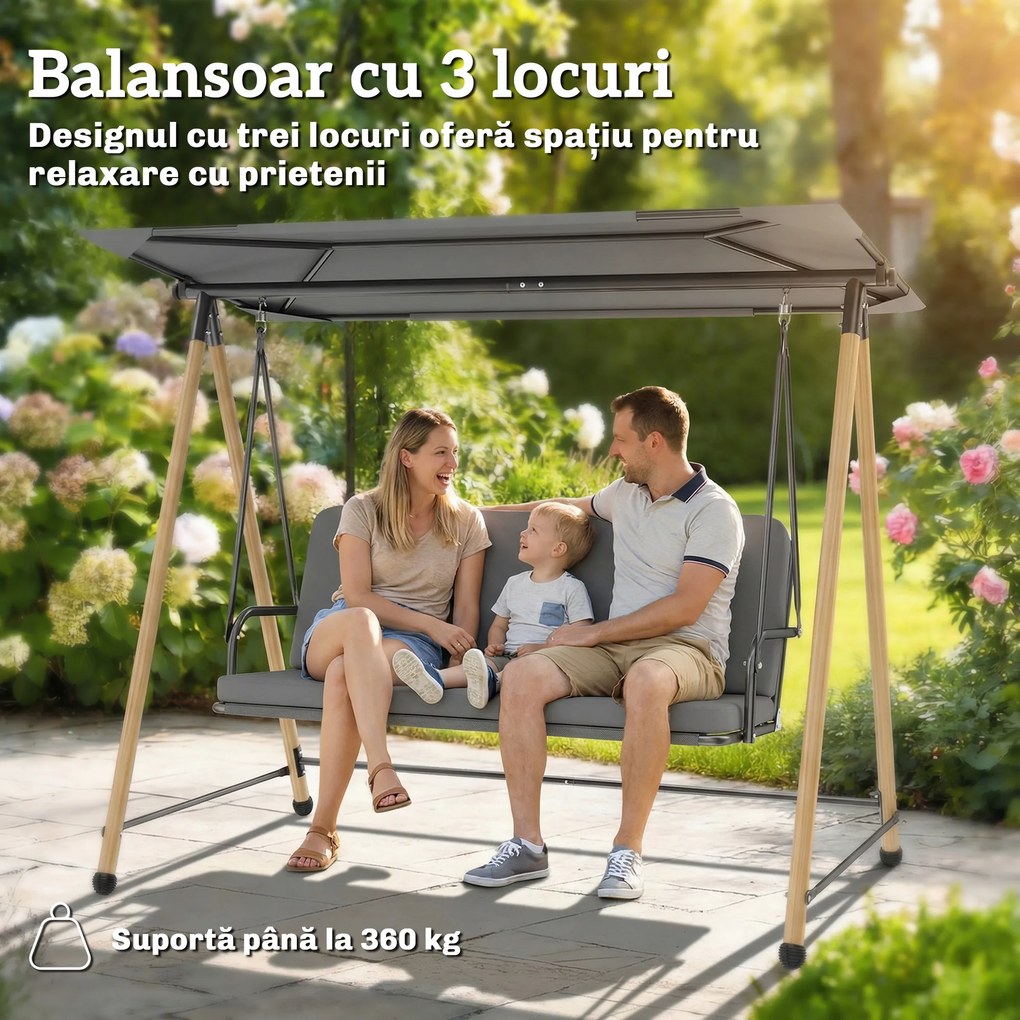 Outsunny Balansoar de Grădină cu 3 Locuri, cu Copertină Reglabilă Impermeabilă și Pernă Detașabilă, Capacitate Maximă 360 kg, 208 x 125 x 180 cm, Gri | Aosom Romania