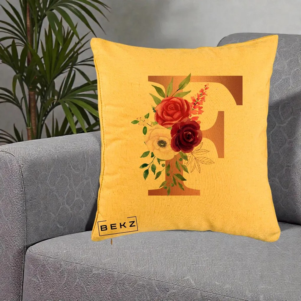 Cadou Personalizat - Perna Personalizata Monograma Rose Gold Litera F, 40x40 cm, Galben, Husa Detasabila, Perna Inclusa, BEKZ®