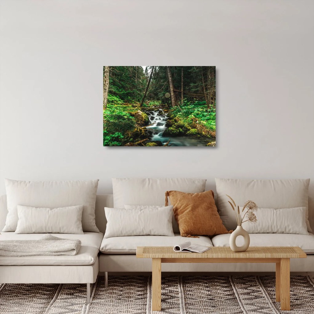 Tablou pe sticlă cu pârău în pădure (70x50 cm)