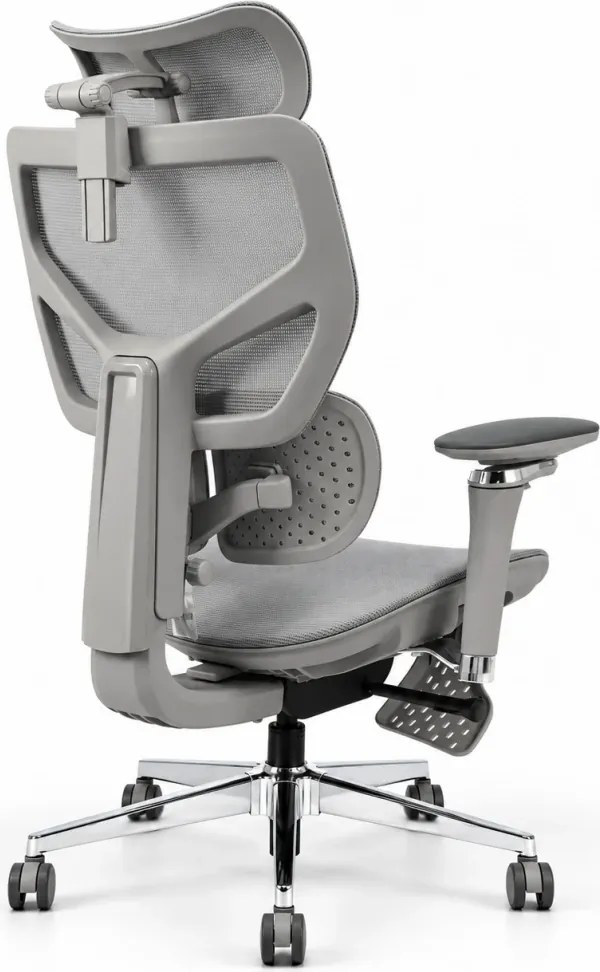 Scaun ergonomic ANEW ARYSE D6, Suport lombar dublu adaptiv 360°, Cotiere 5D, Tetieră 3D, Șezut mesh, Mecanism sensibil la greutate, Bază cromată, Suport pentru picioare, Gri