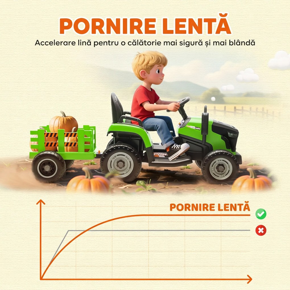 AIYAPLAY Tractor Electric 2 în 1 pentru Copii 3-8 Ani 12V cu Remorcă Detașabilă, Mașină Electrică pentru Copii cu Telecomandă, Centură de Siguranță, Muzică, Lumini LED și Claxon, Verde | Aosom Romania