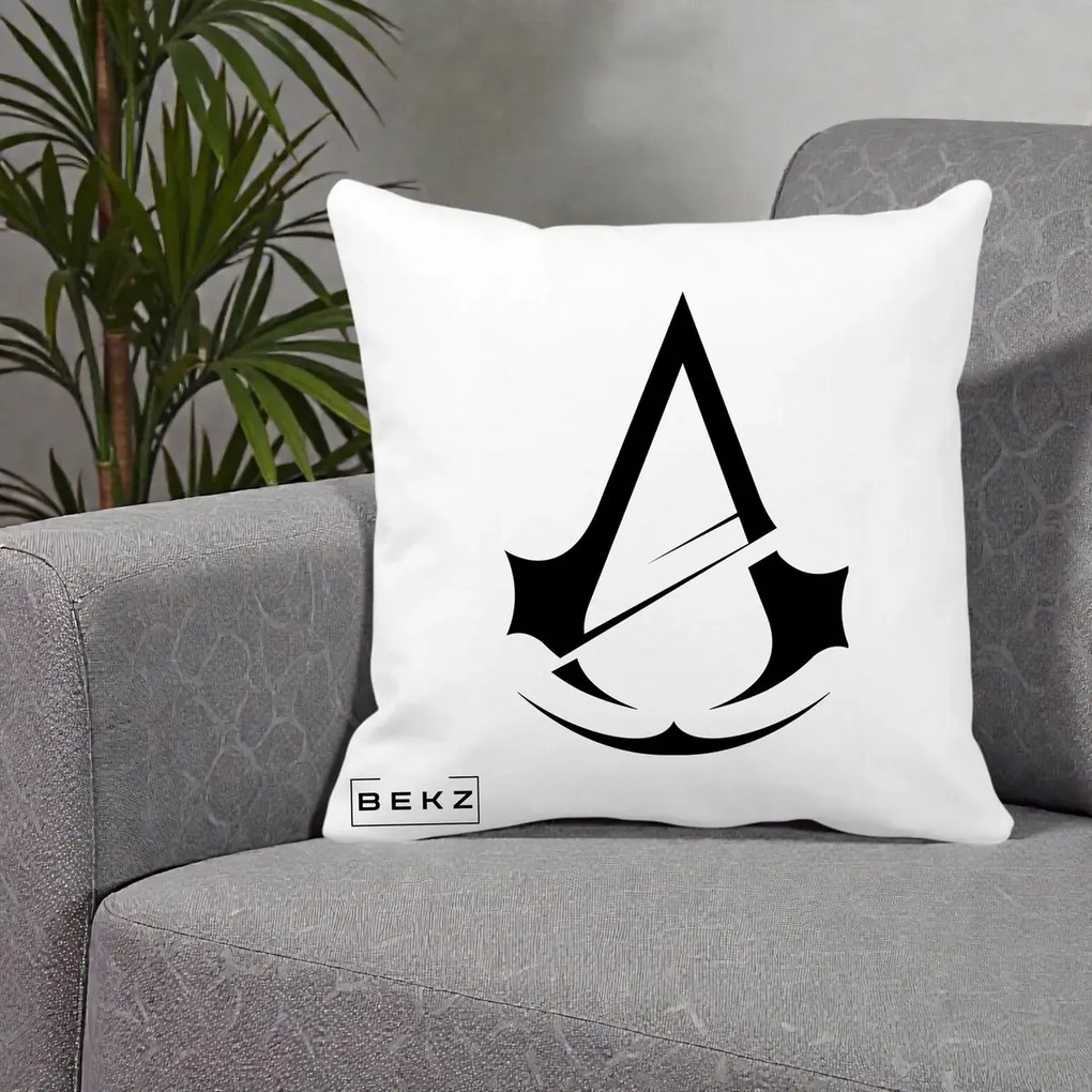 Perna Personalizata Assassin's Creed Minimalist, 40x40 cm, Alba Mata, Husa Detasabila, Perna Inclusa, BEKZ®