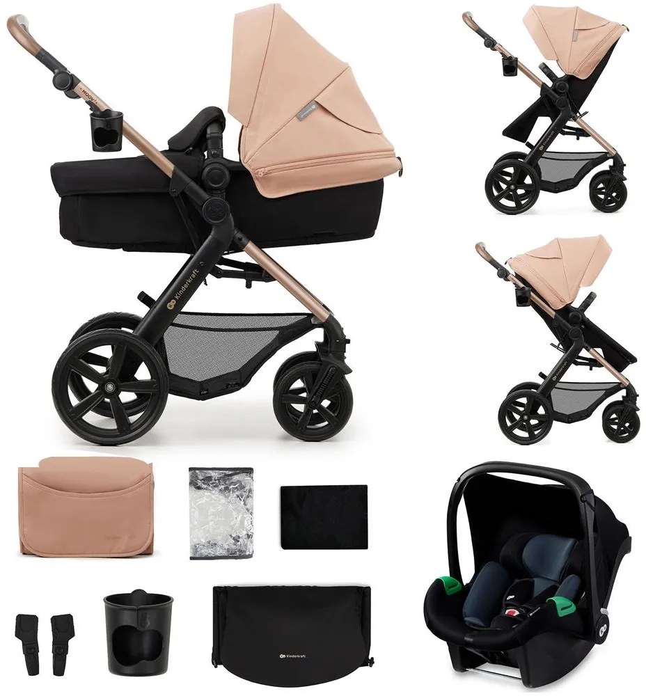 Cărucior de copii combinat 3 în 1 KINDERKRAFT MOOV 2 Sand beige + scaun auto MINK PRO