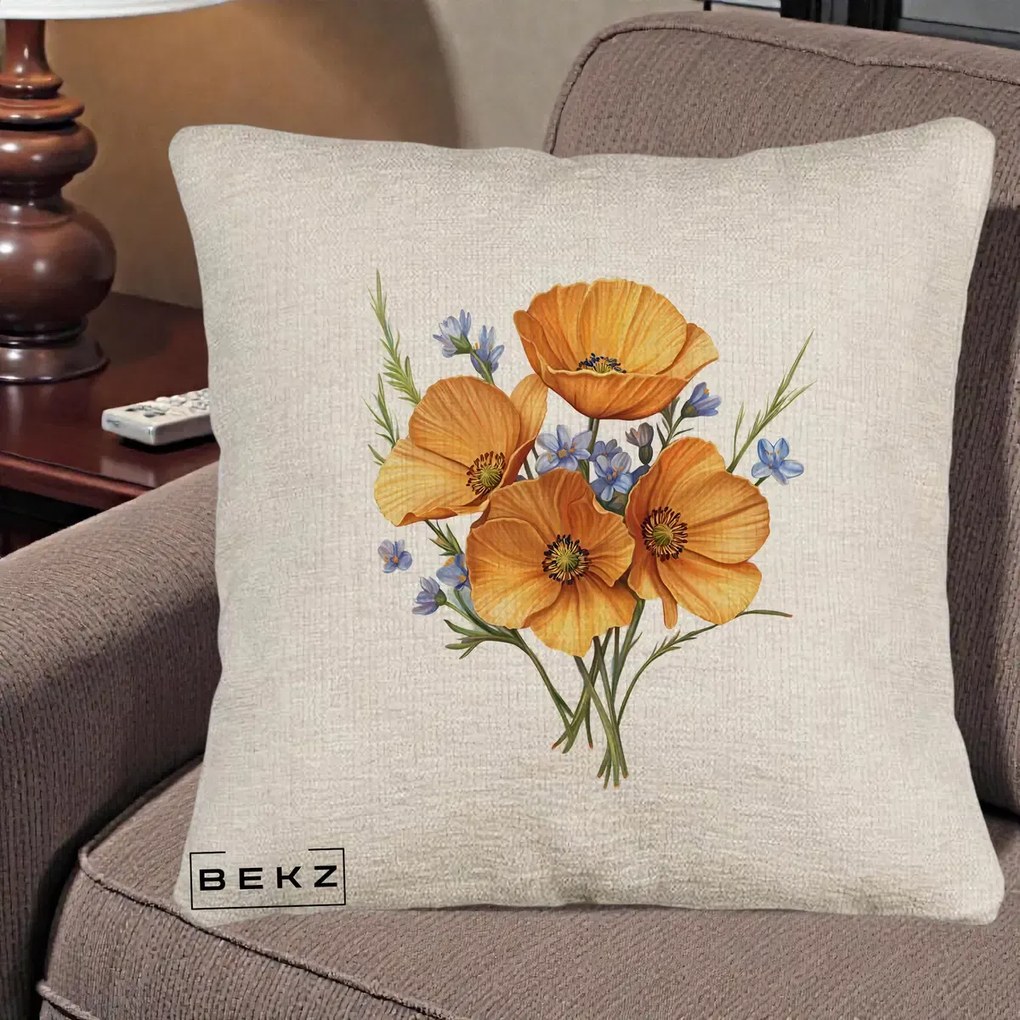 Perna Decorativa Maci Portocalii cu Floricele Albastre, 40x40 cm, Bej Canapea, Husa Detasabila, Perna Inclusa, BEKZ®