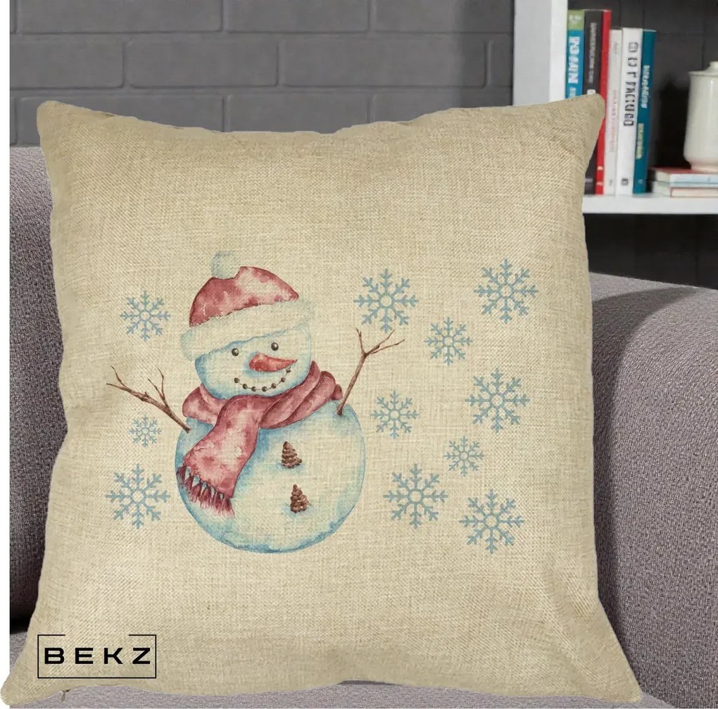 Perna Decorativa Om de Zapada Rosu cu Fulgi, 40x40 cm, Crem, Husa Detasabila, Perna Inclusa, BEKZ®