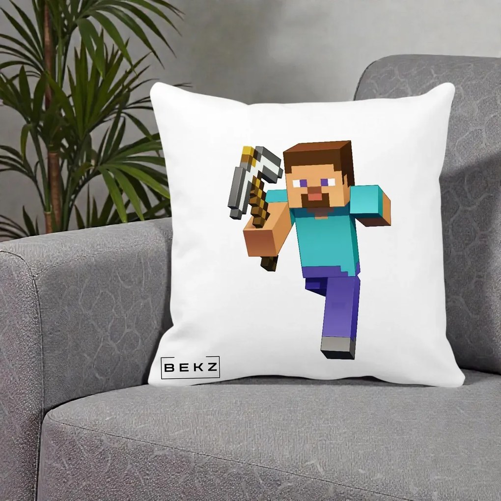 Perna Personalizata Minecraft Steve, 40x40 cm, Alba Mata, Husa Detasabila, Perna Inclusa, BEKZ®