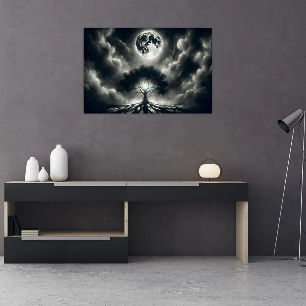 Tablou – Arbore alb-negru în lună plină (90x60 cm)