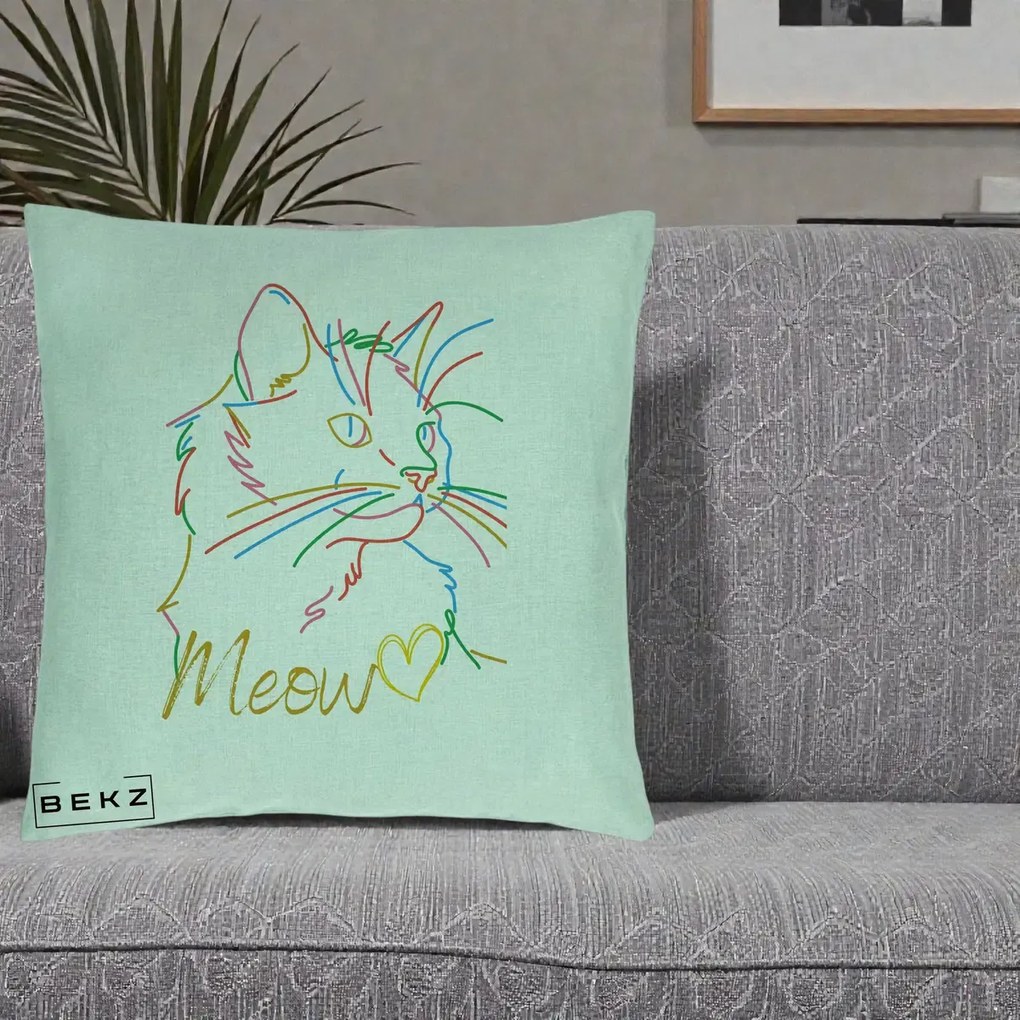 Perna Personalizata Pisica Meow Arta Linie Colorata, 40x40 cm, Verde Menta, Husa Detasabila, Perna Inclusa, BEKZ®