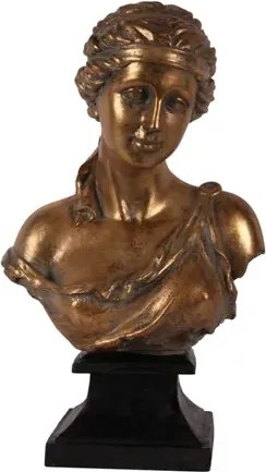 Bust decorativ din polirășină, auriu, chip de femeie în stil antic grecesc, pe soclu negru, finisaj antichizat, 42,8 x 25,5 x 16,5 cm, „Athena”