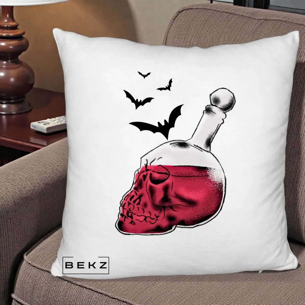 Perna Decorativa Halloween Craniu-Sticla cu Lilieci, 40x40 cm, Alb Pufos, Husa Detasabila, Perna Inclusa, BEKZ®