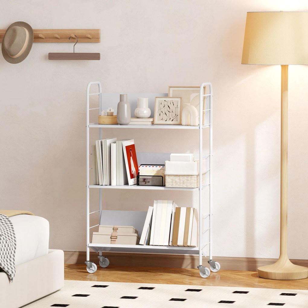 HOMCOM Cărucior Modern pentru Cărți cu 3 Nivele și Roți Pivotante pentru Cărți și Reviste, 69x26x108 cm, Alb | Aosom Romania