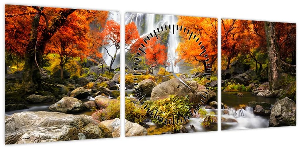 Tablou - Cascade în peisaj de toamnă, portocaliu (cu ceas) (90x30 cm)