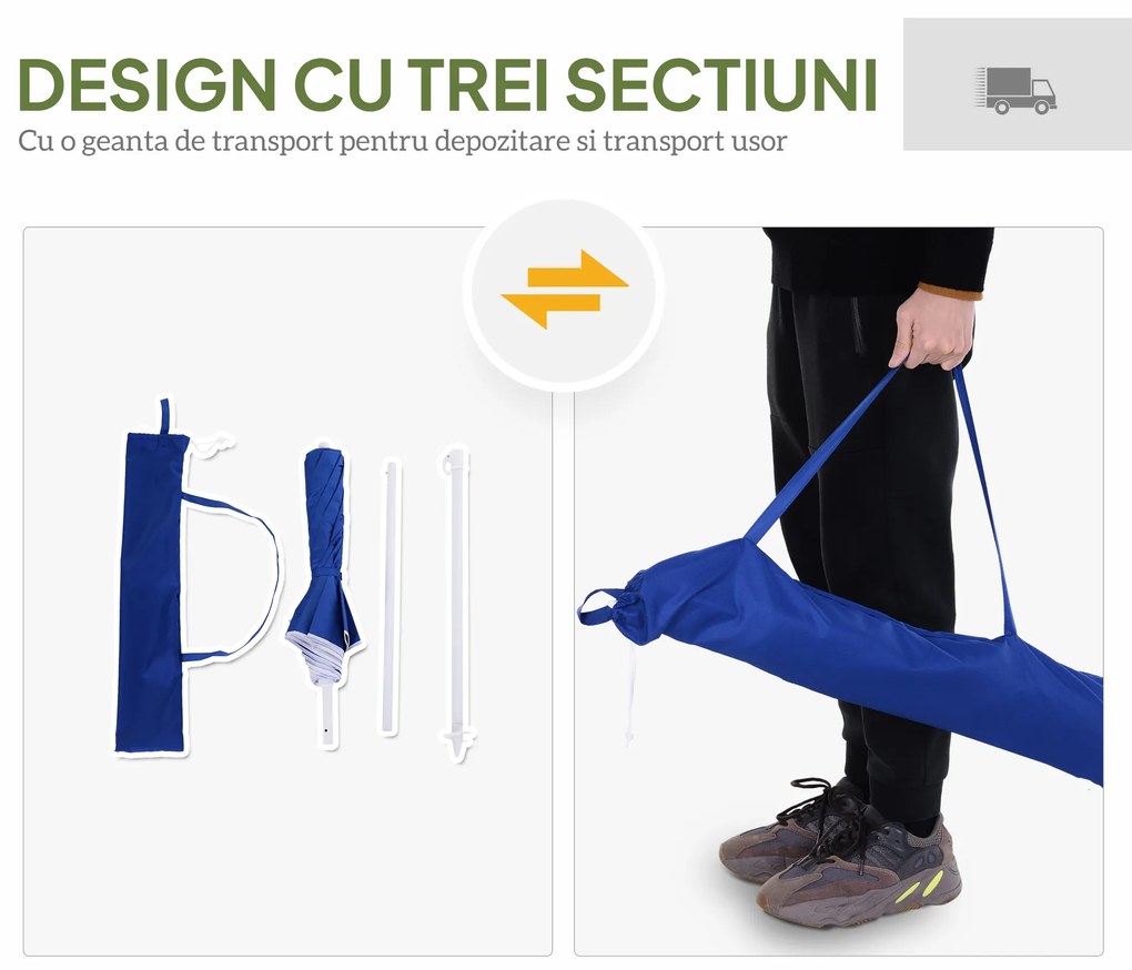 Outsunny Umbrelă de Plajă cu Acoperiș Înclinabil, Geantă de Transport și Design în 3 Secțiuni, Ø1.6x2.05 m, Albastru | Aosom Romania