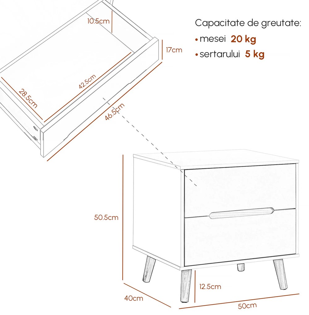 HOMCOM Noptieră Modernă cu 2 Sertare Masă Laterală Picioare Lemn Masiv pentru Dormitor sau Living 50x40x50.5cm | Aosom Romania