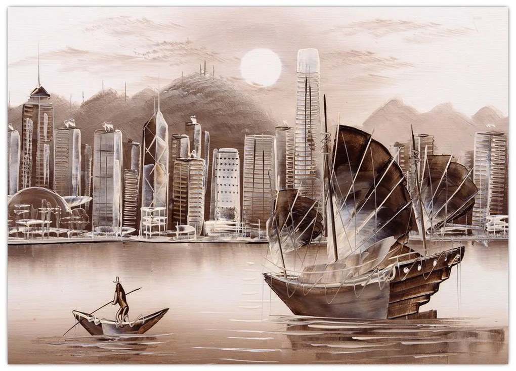 Tablou pe sticlă - Victoria Harbour, Hong Kong, efect sepia (70x50 cm)