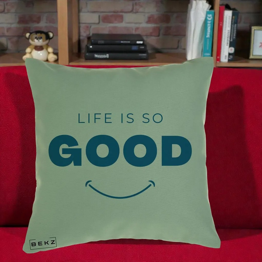 Perna Decorativa Life is So Good Mesaj Pozitiv, 40x40 cm, Verde, Husa Detasabila, Perna Inclusa, BEKZ®