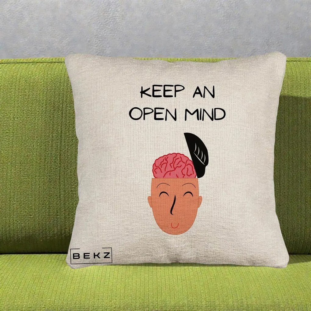 Perna Decorativa Keep An Open Mind, 40x40 cm, Bej Canapea, Husa Detasabila, Perna Inclusa, BEKZ®