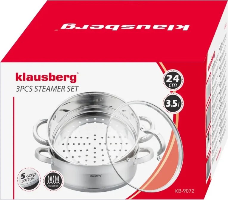 Oala pentru gatit la abur Klausberg KB 9072, 3,5 l, 24 cm, 3 piese, Simultan pe 2 niveluri, Scala de masurare, Fund cu 5 straturi, Inductie, Otel inoxidabil