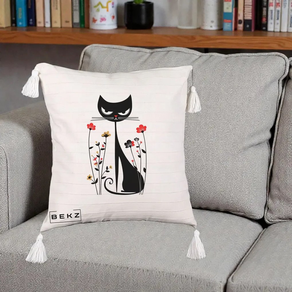 Perna Decorativa Pisica Neagra Grafica Flori Rosii, 40x40 cm, Bej cu Franjuri, Husa Detasabila, Perna Inclusa, BEKZ®