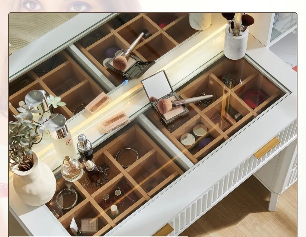Masuta machiaj cu Oglinda LED si 5 Sertare pentru Cosmetice, Set Masa toaleta 122 cm, Alb, Antracit sau Culoarea Stejar, masuta cosmetica cu Riflaj,