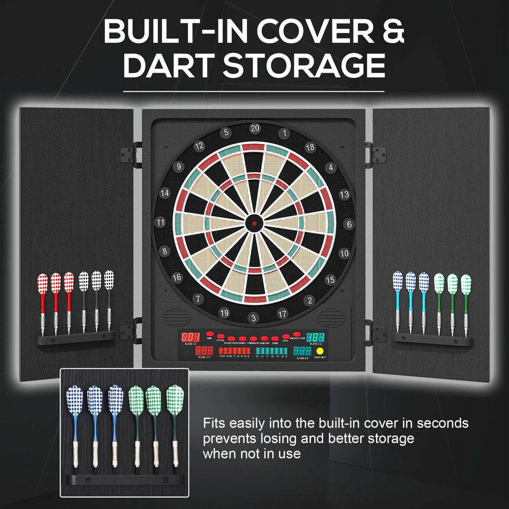 HOMCOM Tabla de Darts Electronică Profesională cu 6 Display-uri, 12 Săgeți, 27 Moduri de Joc, 51x6.5x57cm, Negru | Aosom Romania
